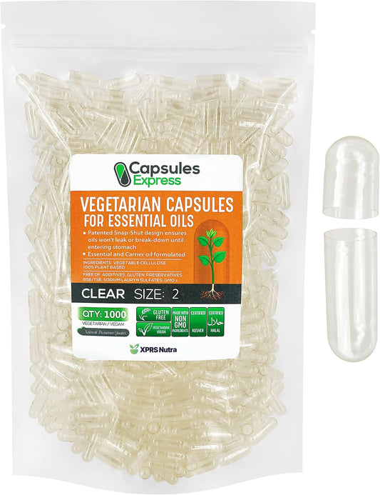 1000 Count XPRS Nutra Size 2 Clear Vegan Capsules for Essential Oils - DIY Oil Filling with Empty Vegetable Capsules