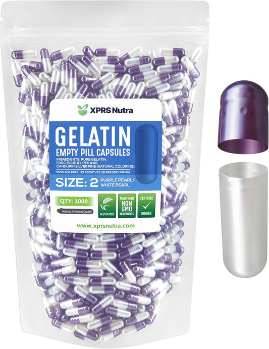 1000 Count XPRS Nutra Size 2 Empty Gelatin Capsules for DIY Capsule Filling - Bovine Pill Capsules - Pearl Purple/White