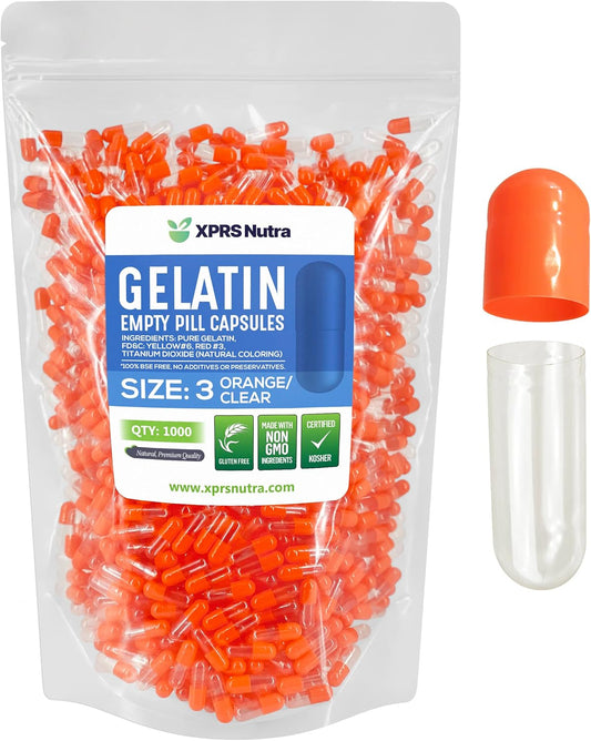 1000 Count XPRS Nutra Size 3 Empty Gelatin Capsules for DIY Capsule Filling - Pure Bovine Pill Capsules - Orange/Clear