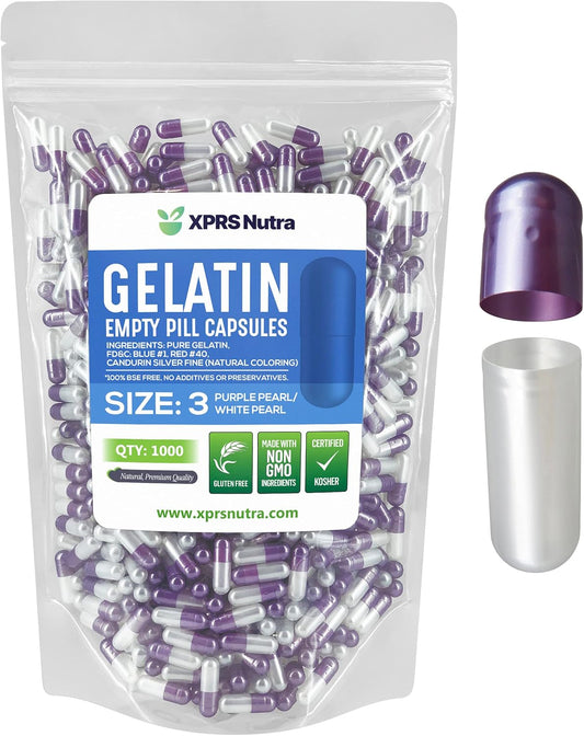 1000 Count XPRS Nutra Size 3 Empty Gelatin Capsules for DIY Capsule Filling - Bovine Pill Capsules - Pearl Purple/White