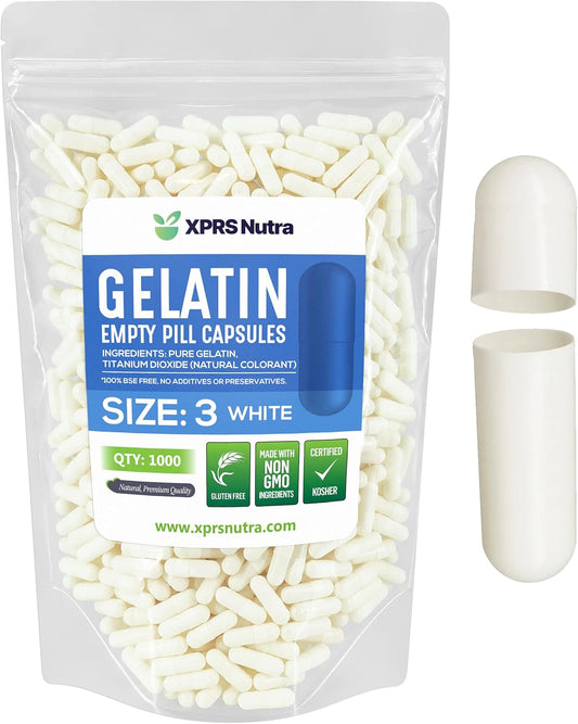 1000 Count XPRS Nutra Size 3 Empty Gelatin Capsules for DIY Capsule Filling - Pure Bovine White Pill Caps