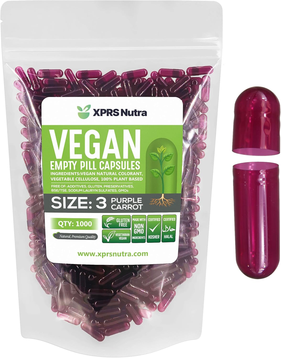 1000 Count XPRS Nutra Size 3 Purple Carrot Vegan Empty Capsules for DIY Vegetable Filling