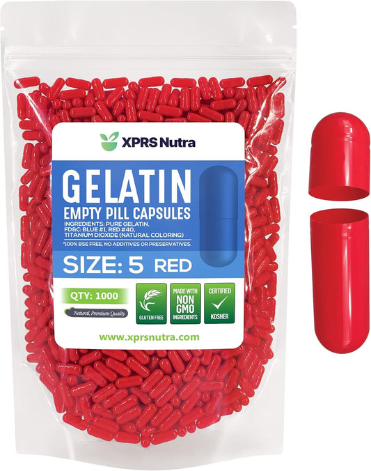 1000 Count XPRS Nutra Size 5 Red Empty Gelatin Capsules for DIY Capsule Filling