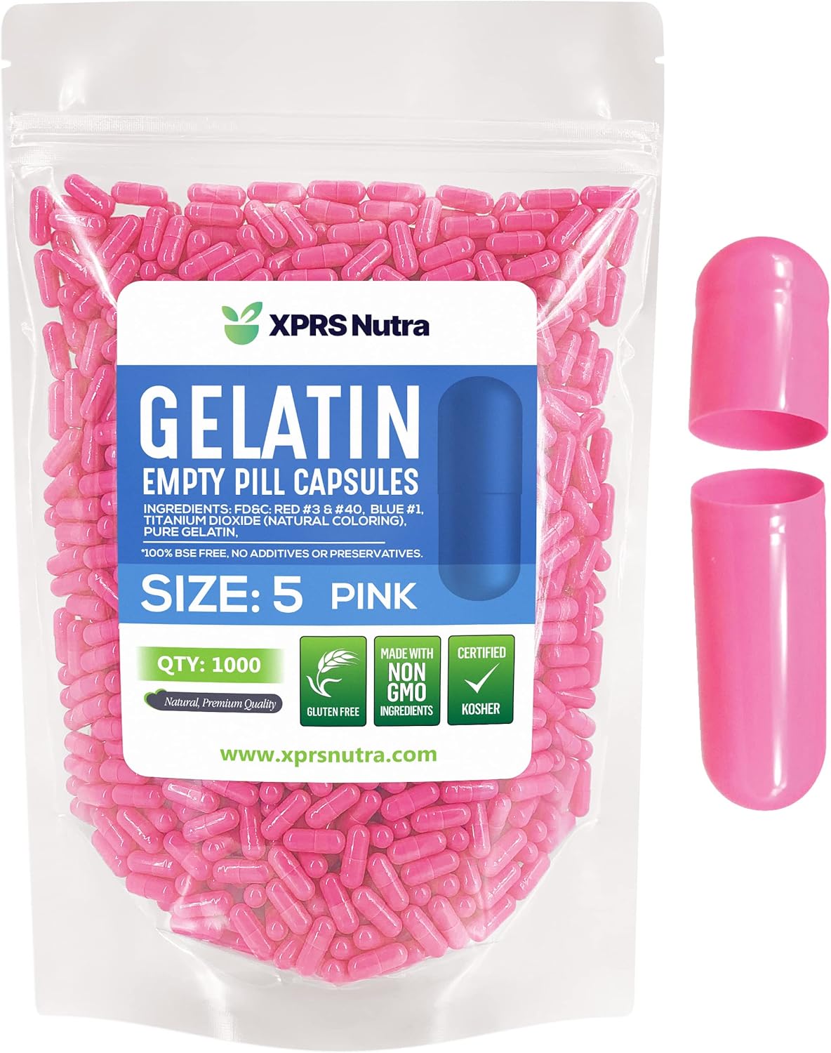 1000 Count XPRS Nutra Size 5 Small Pink Empty Gelatin Capsules - DIY Fillable Pill Capsules for Filling