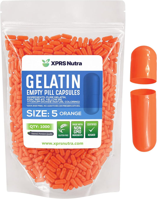 1000 Count XPRS Nutra Size 5 Very Small Orange Gelatin Empty Capsules for DIY Capsule Filling