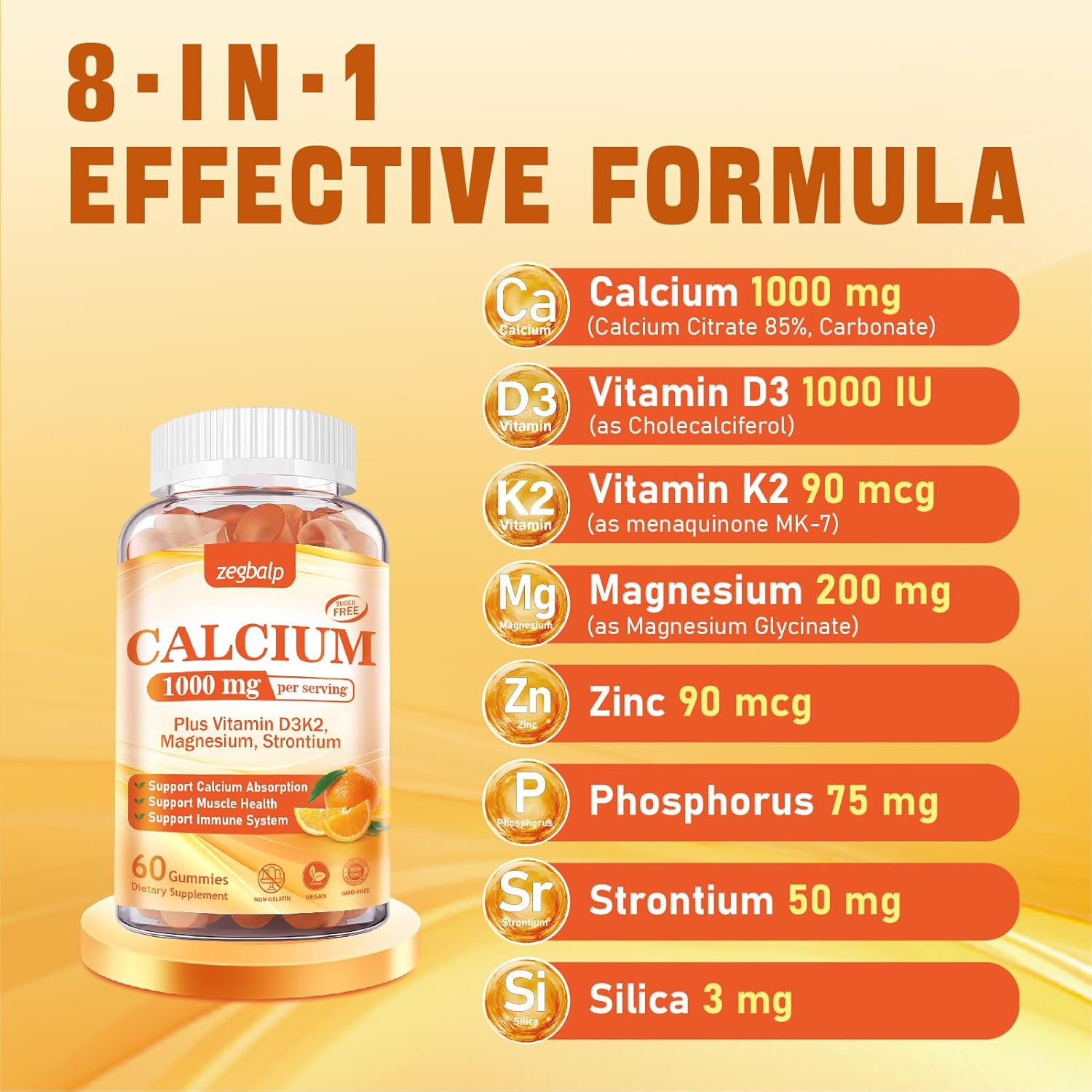 1000 mg Calcium Citrate Gummies with Vitamin D3, K2, Magnesium & Strontium - Supports Bone Health & Immune System for Adults