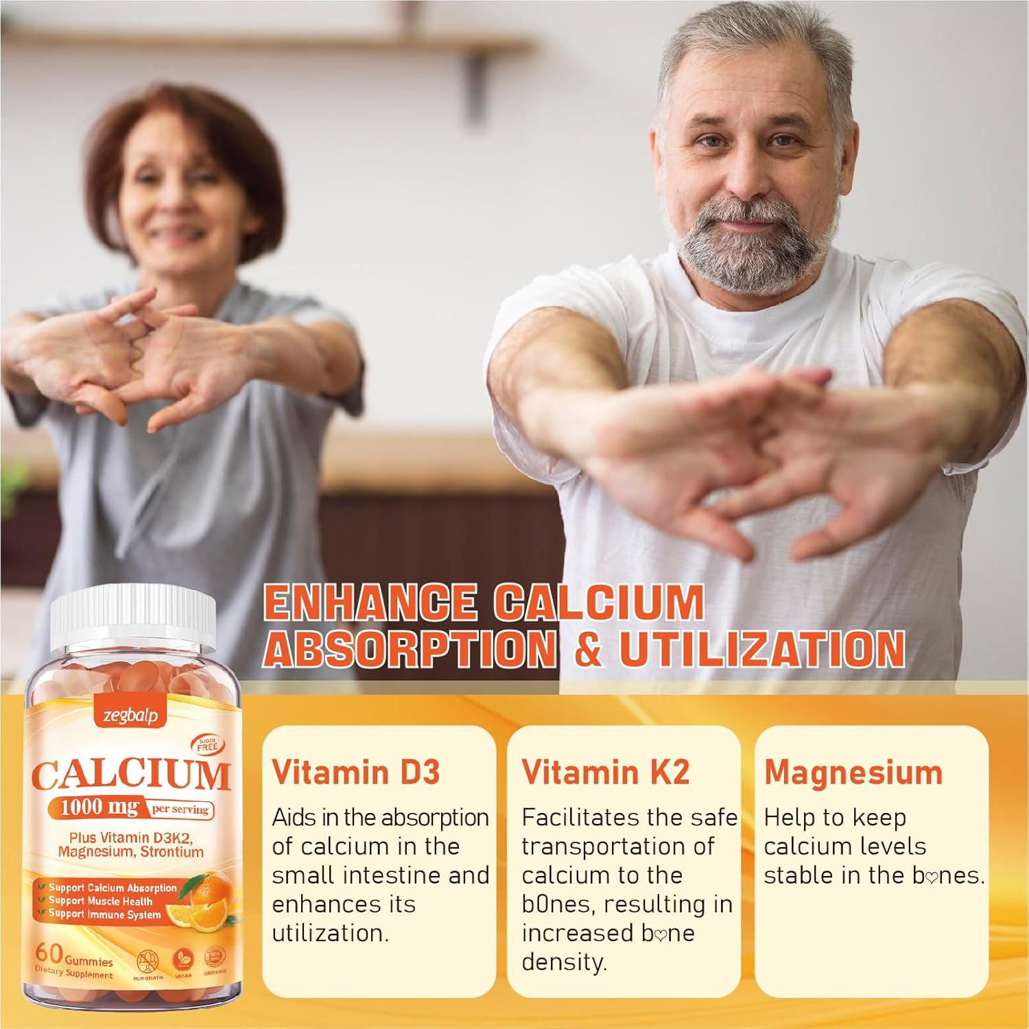 1000 mg Calcium Citrate Gummies with Vitamin D3, K2, Magnesium & Strontium - Supports Bone Health & Immune System for Adults