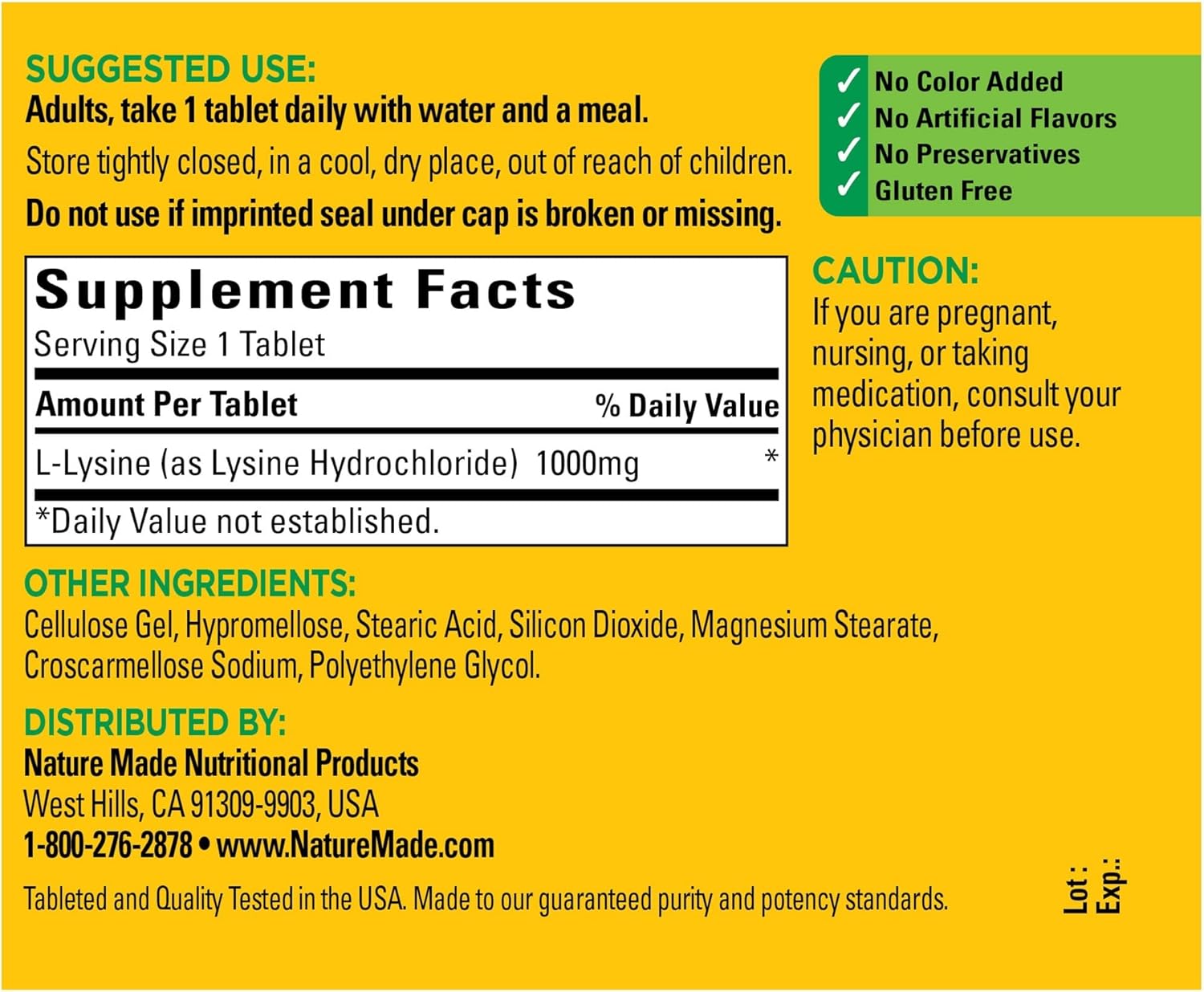 1000 mg Nature Made L-Lysine Dietary Supplement - 60 Tablets, 2 Month Supply