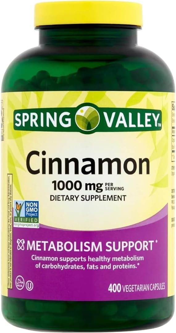 1000 mg ResMask Spring Valley Cinnamon Supplement for Metabolism Support - 400 Vegetarian Capsules with Sticker