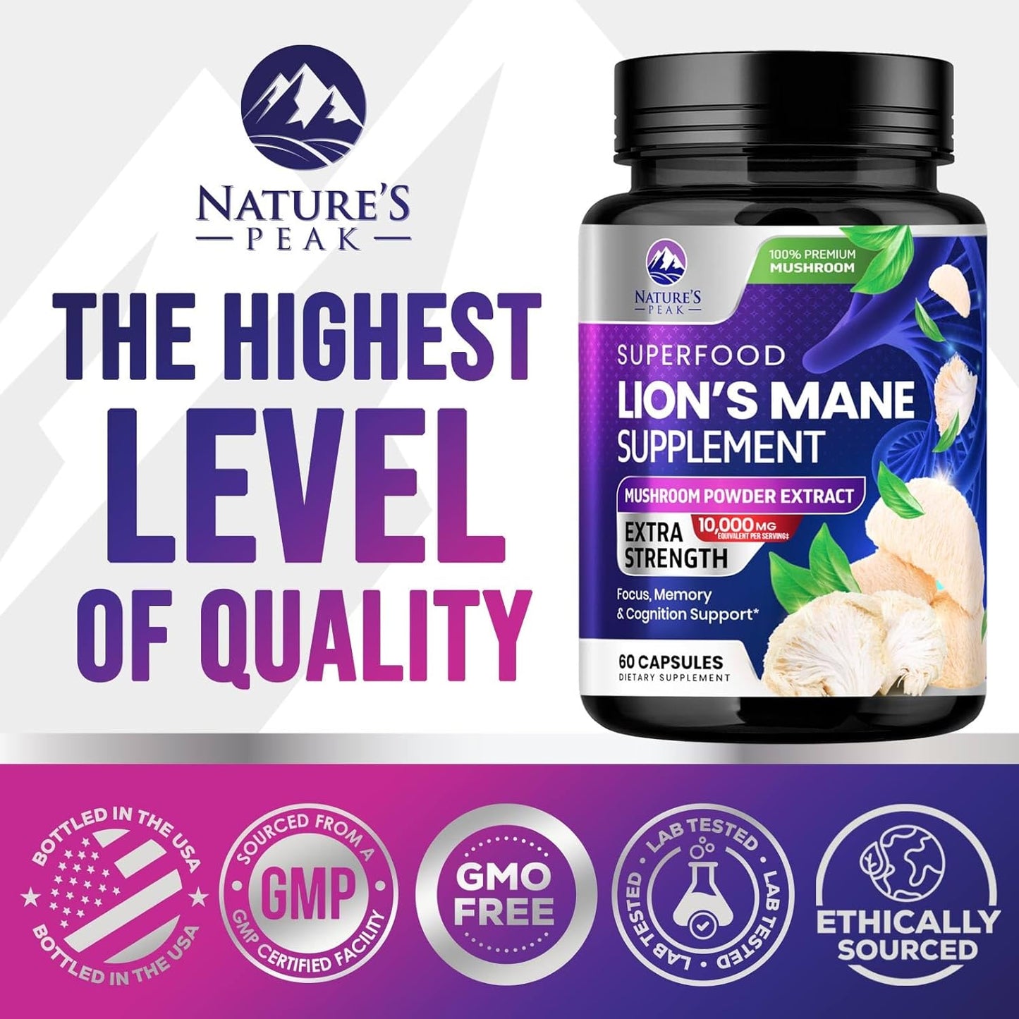 10,000mg Lions Mane Mushroom Capsules for Memory, Focus, Brain & Immune Support - 60 Capsules, Non-GMO