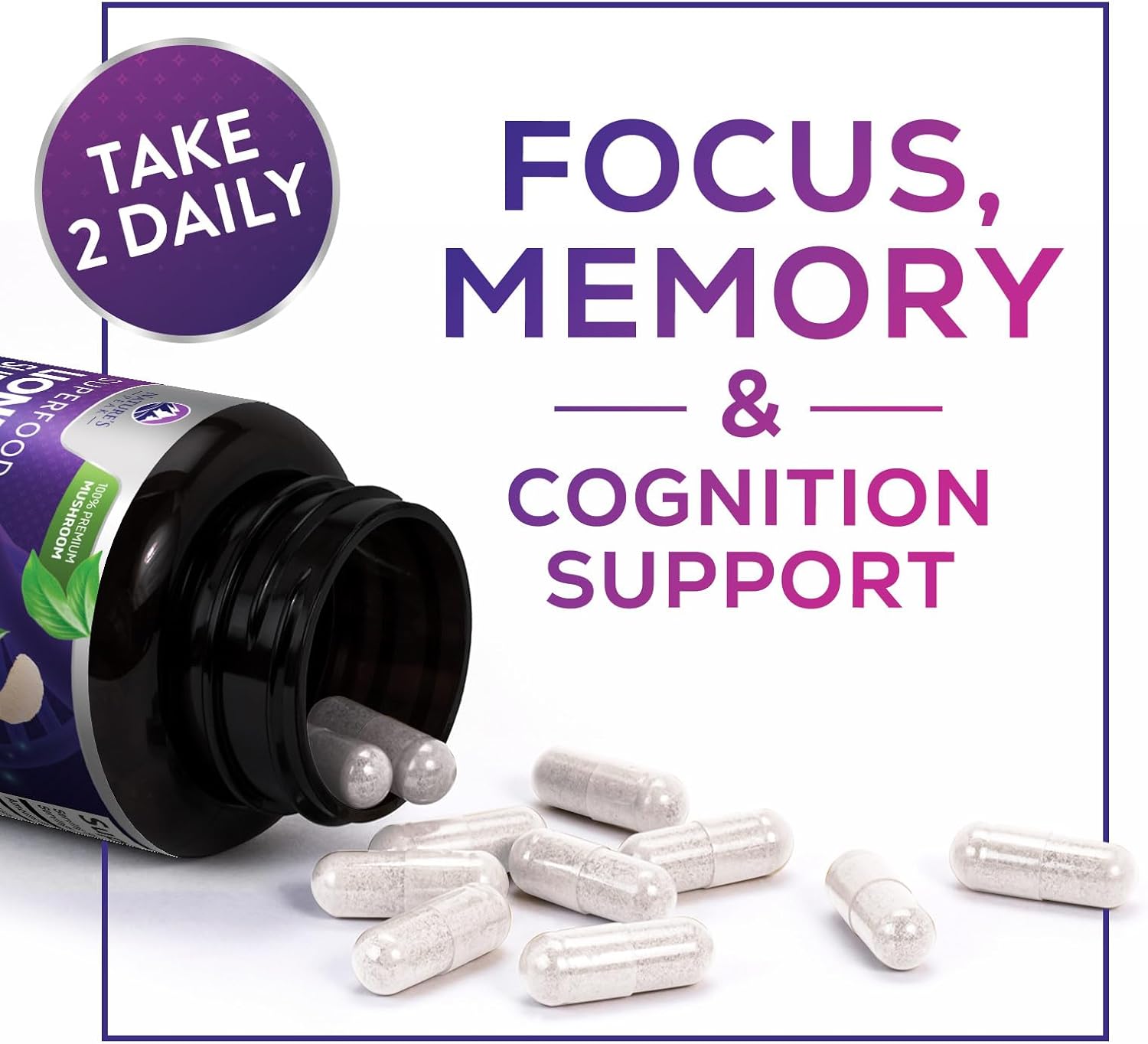 10,000mg Lions Mane Mushroom Capsules for Memory, Focus, Brain & Immune Support - 60 Capsules, Non-GMO