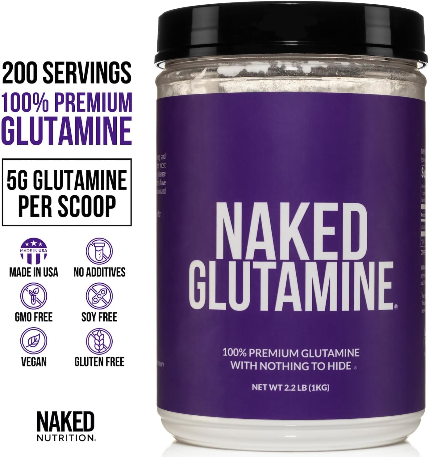 1000g Naked Nutrition L-Glutamine: 200 Servings, Made in USA, Vegan, Non-GMO, Gluten & Soy Free - Muscle Support & Protein Synthesis Boost