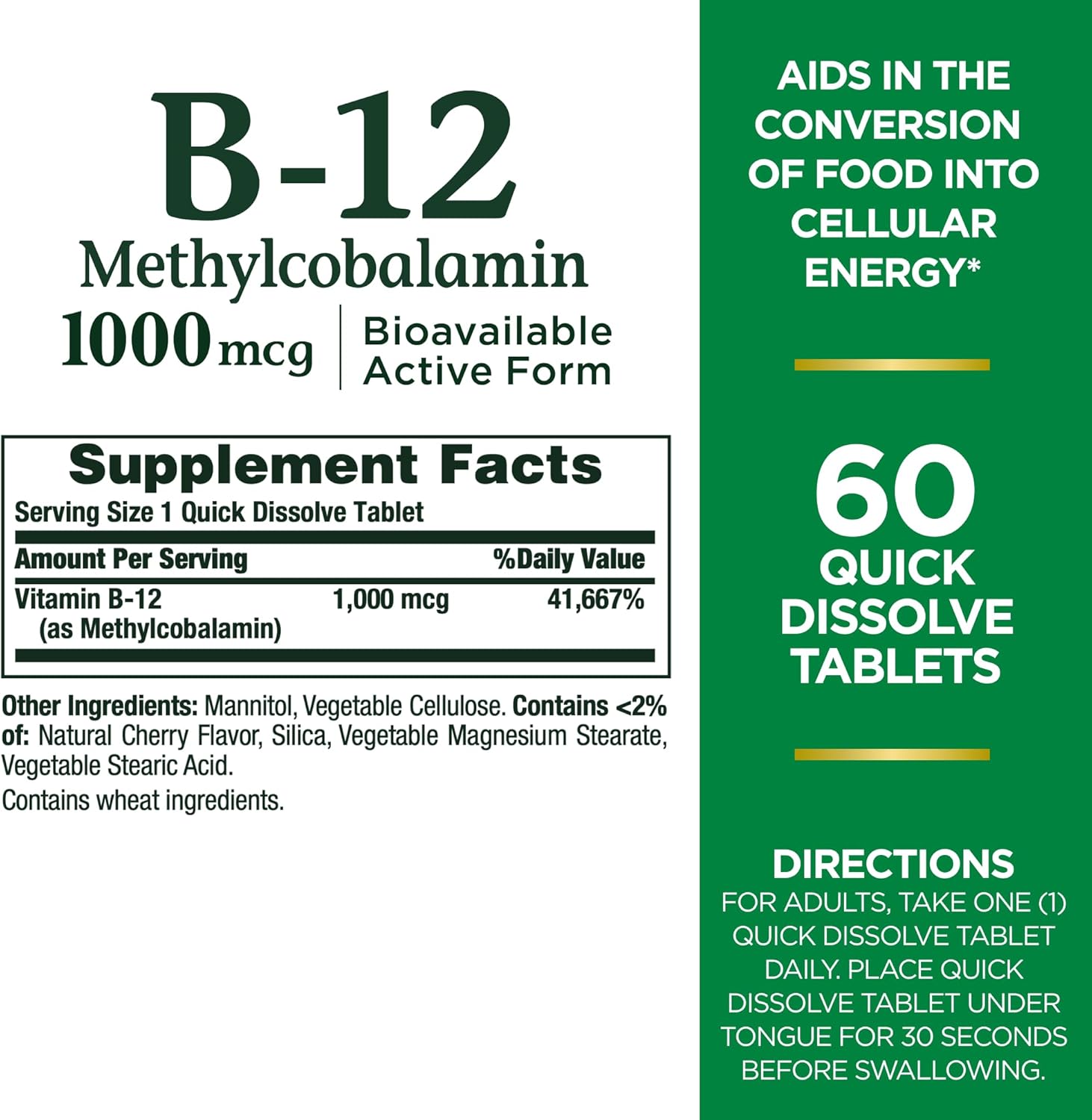 1000mcg Nature's Bounty Vitamin B-12 Quick Dissolve Tablets, Cherry Flavor, 60ct, Supports Cellular Energy Conversion