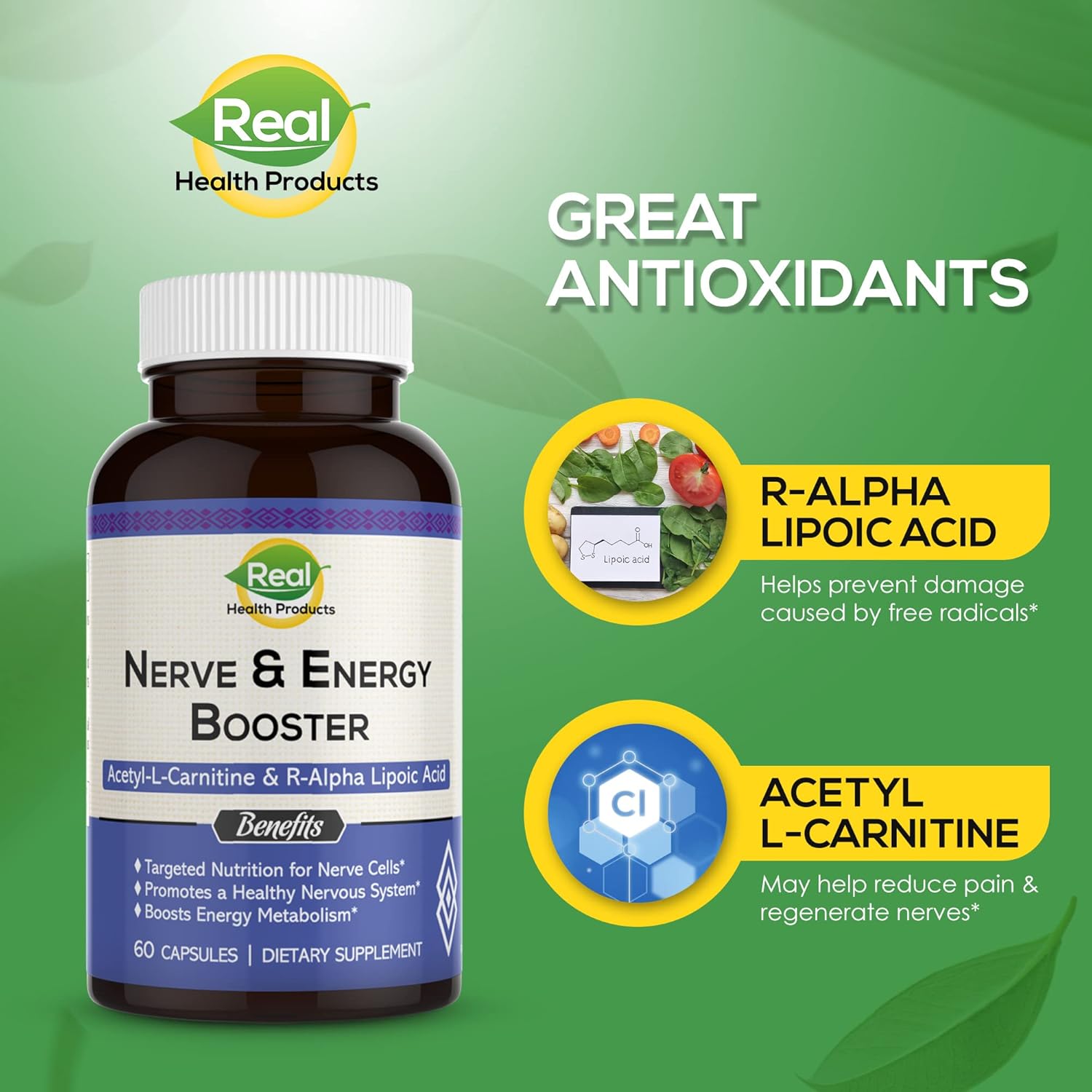 1000mg Acetyl L-Carnitine & 300mg R-Alpha Lipoic Acid Capsules - Boost Nerve & Energy, Cardiovascular & Cognitive Support, Antioxidant Ala Supplement