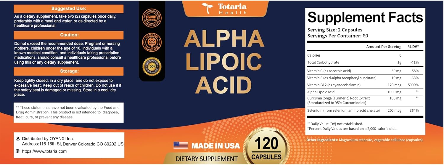 1000mg Alpha Lipoic Acid Supplement Capsules for Neuropathy Support, Liver Detox, Antioxidant, Metabolism Boost, Anti-Aging - Non-GMO, Gluten Free, Vegan - Totaria ALA