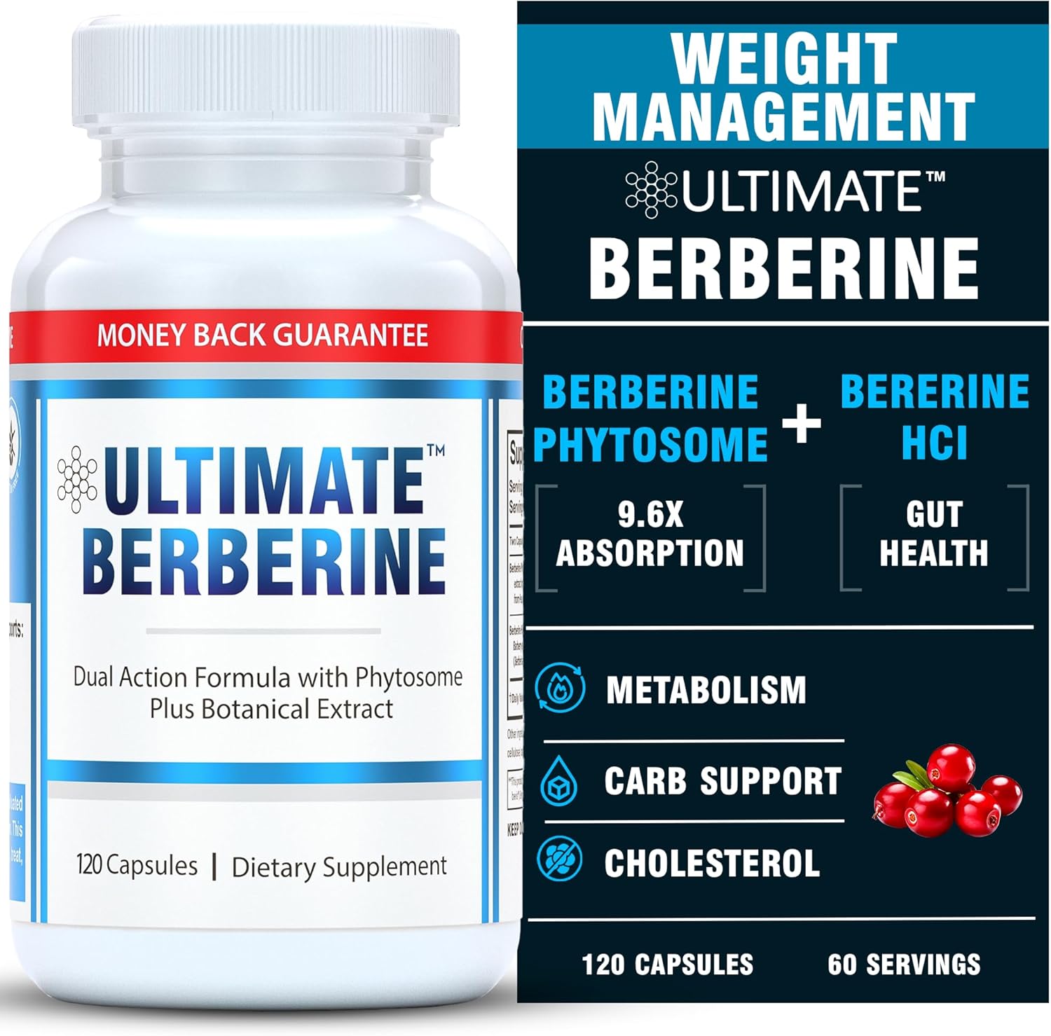 1000mg Berberine HCL Phytosome Supplement for Weight Management & Immune Support - Dual Action Formula for Carbohydrate Metabolism & Cholesterol Health