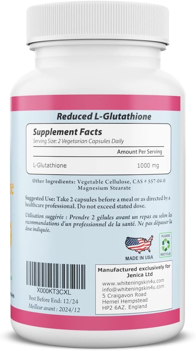 1000mg BeShiny L Glutathione Skin Lightening Pills for Anti-Aging & Liver Health - 60 Capsules Vegan Formula to Boost Immune System & Brain Function