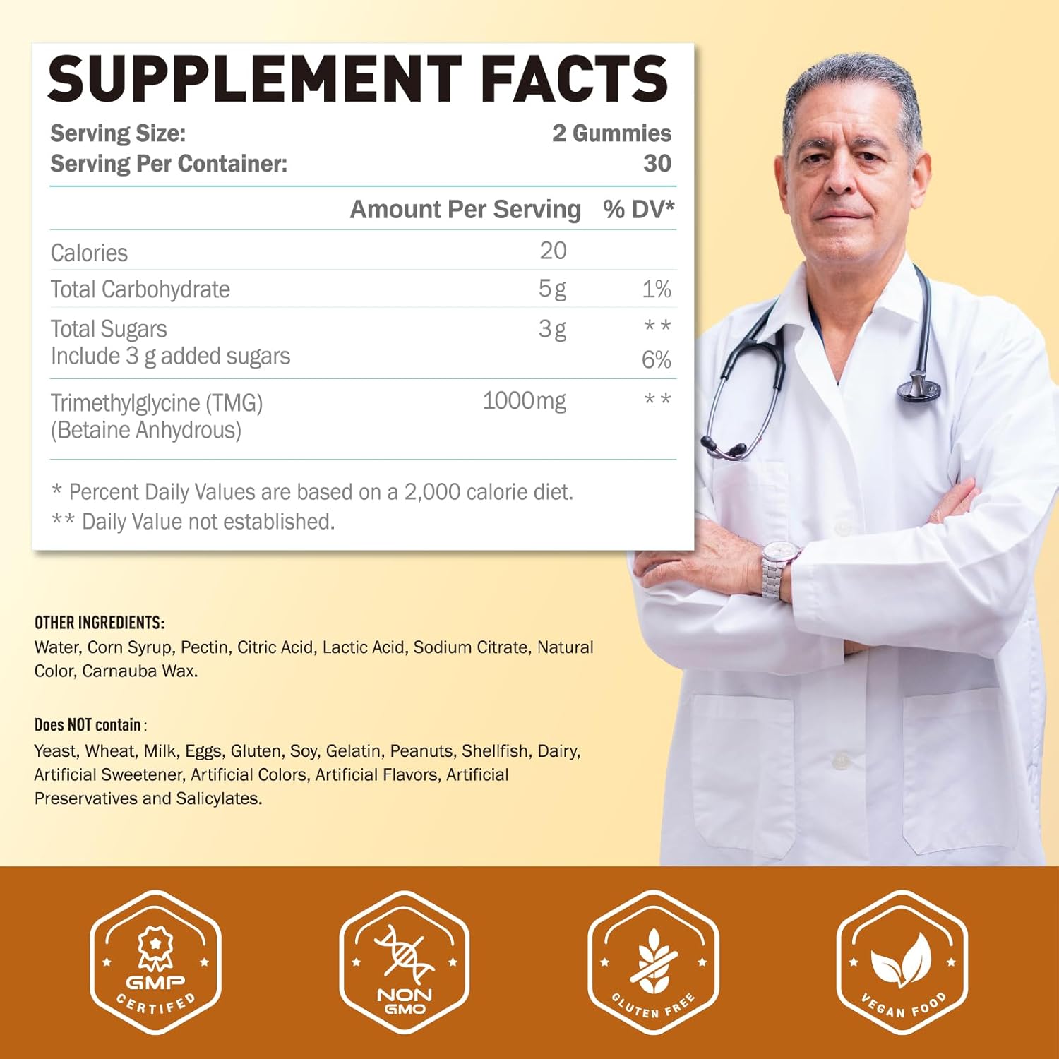 1000mg Betaine Anhydrous Tmg Gummies for Homocysteine Levels, Energy, & Immune Support - Liver Health Supplements, Gluten-Free - 60 Ct
