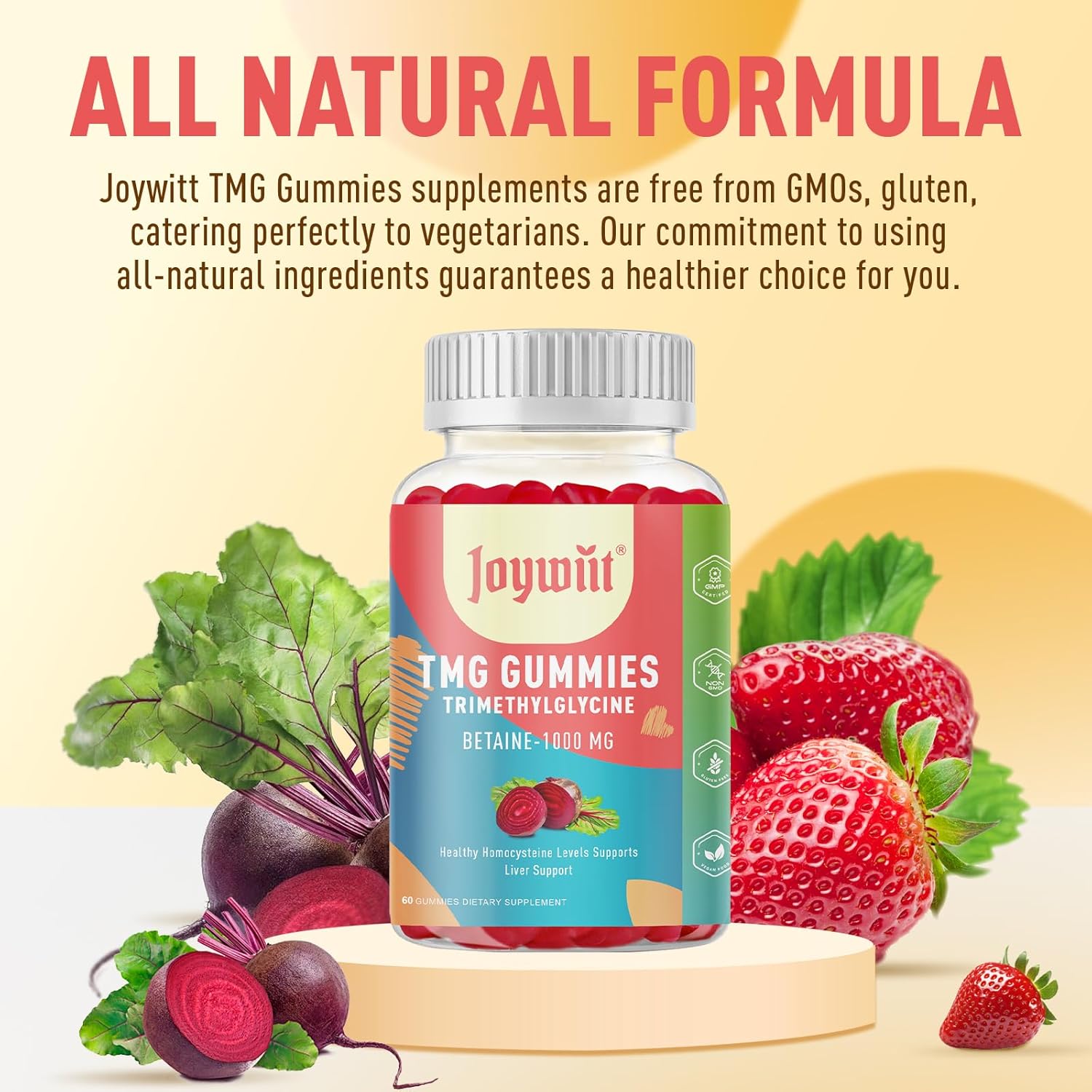 1000mg Betaine Anhydrous Tmg Gummies for Homocysteine Levels, Energy, & Immune Support - Liver Health Supplements, Gluten-Free - 60 Ct