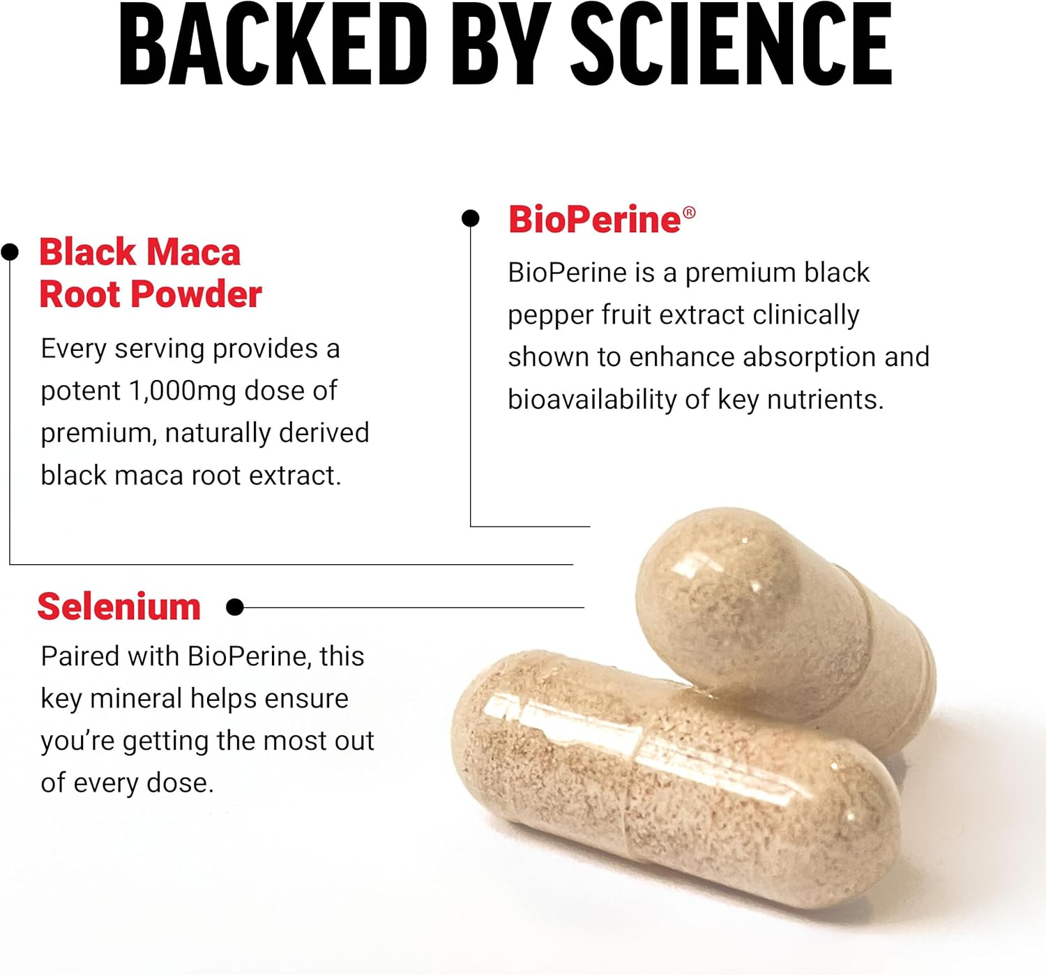 1000mg Black Maca Root Supplement for Men with Black Pepper Extract, 90 Capsules, Natural Maca Negra Extract