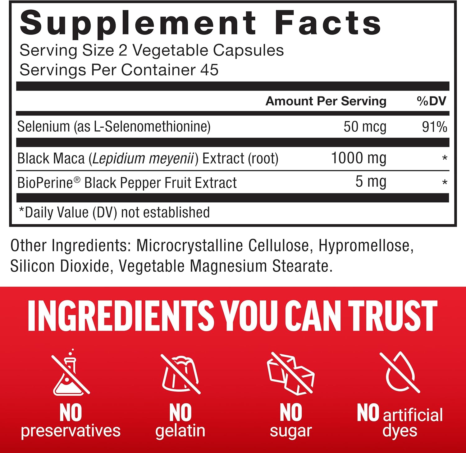 1000mg Black Maca Root Supplement for Men with Black Pepper Extract, 90 Capsules, Natural Maca Negra Extract