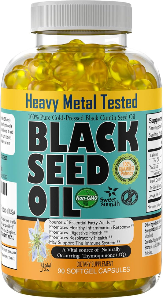 1000mg Black Seed Oil Capsules - Lab Tested Turkish Nigella Sativa with 3X Thymoquinone - USA Made Cold-Pressed Kalonji Oil - Hair, Brain & Immune Support - Non-GMO Sweet Sunnah