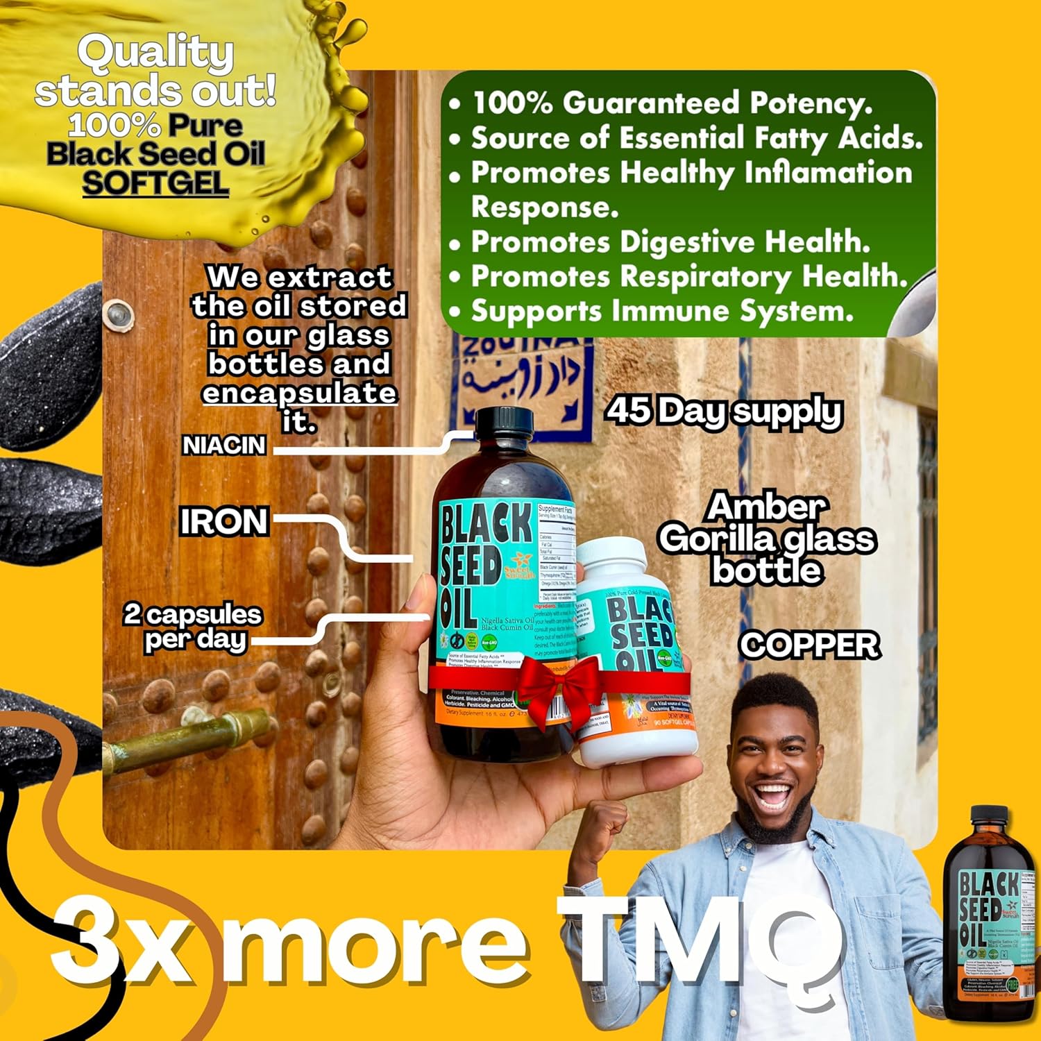 1000mg Black Seed Oil Capsules - Lab Tested Turkish Nigella Sativa with 3X Thymoquinone - USA Made Cold-Pressed Kalonji Oil - Hair, Brain & Immune Support - Non-GMO Sweet Sunnah