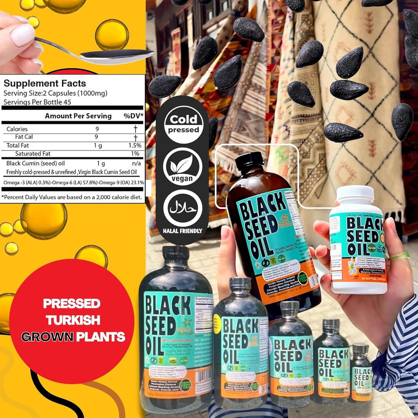 1000mg Black Seed Oil Capsules - Lab Tested Turkish Nigella Sativa with 3X Thymoquinone - USA Made Cold-Pressed Kalonji Oil - Hair, Brain & Immune Support - Non-GMO Sweet Sunnah