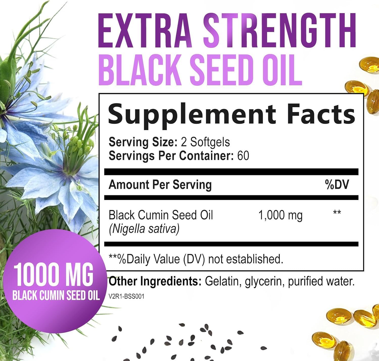 1000mg Black Seed Oil Capsules for Skin & Immune Support - Vegan & Non-GMO - 120 Softgels, Pure Nigella Sativa Seed Oil