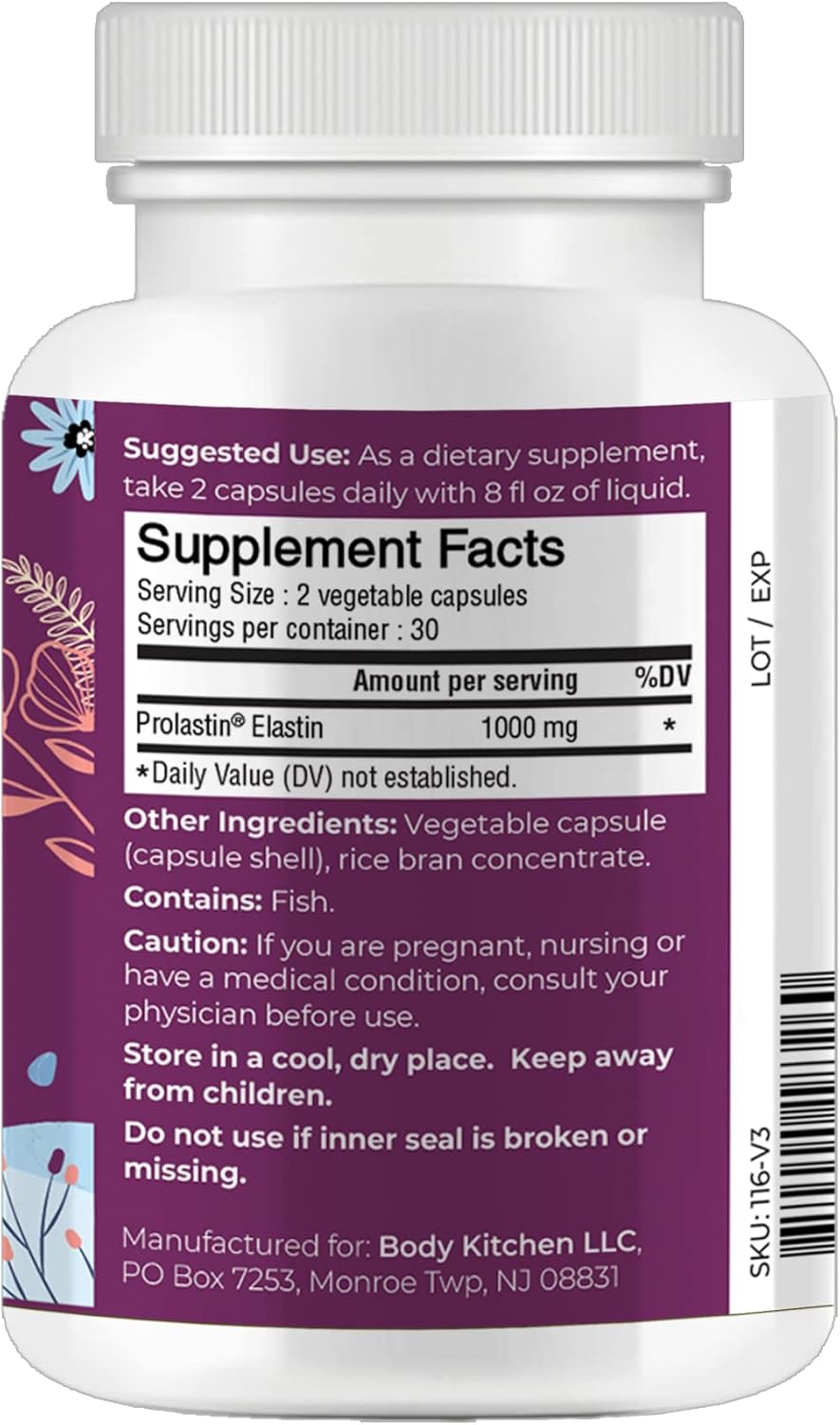 1000mg Body Kitchen Pro-Elastin Supplement for Skin Health, Reduce Aging Signs, Firmer Skin, Fewer Wrinkles - Veggie Caps (1 Pack)