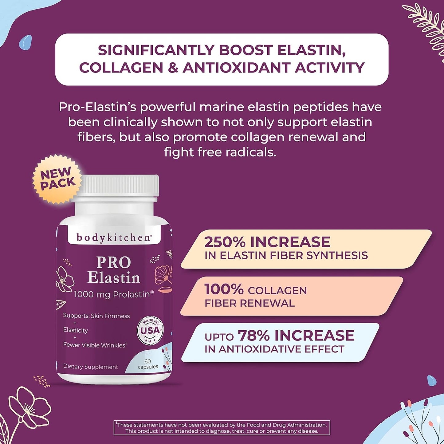 1000mg Body Kitchen Pro-Elastin Supplement for Skin Health, Reduce Aging Signs, Firmer Skin, Fewer Wrinkles - Veggie Caps (1 Pack)