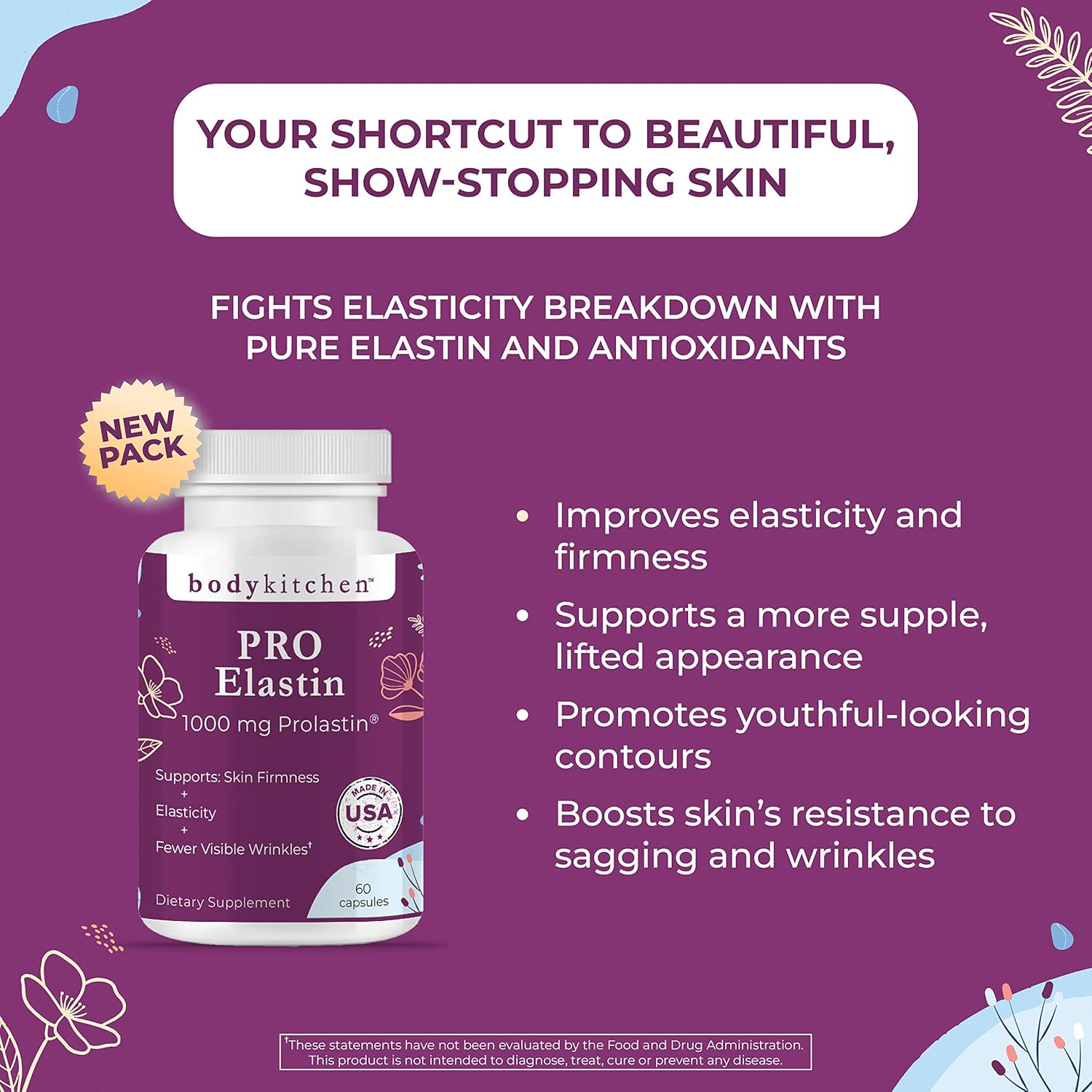 1000mg Body Kitchen Pro-Elastin Supplement for Skin Health, Reduce Aging Signs, Firmer Skin, Fewer Wrinkles - Veggie Caps (1 Pack)