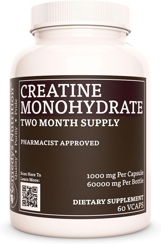 1000mg Creatine Monohydrate Vegan Capsules - 60 Count | Non-GMO, Gluten & Dairy Free Dietary Supplement