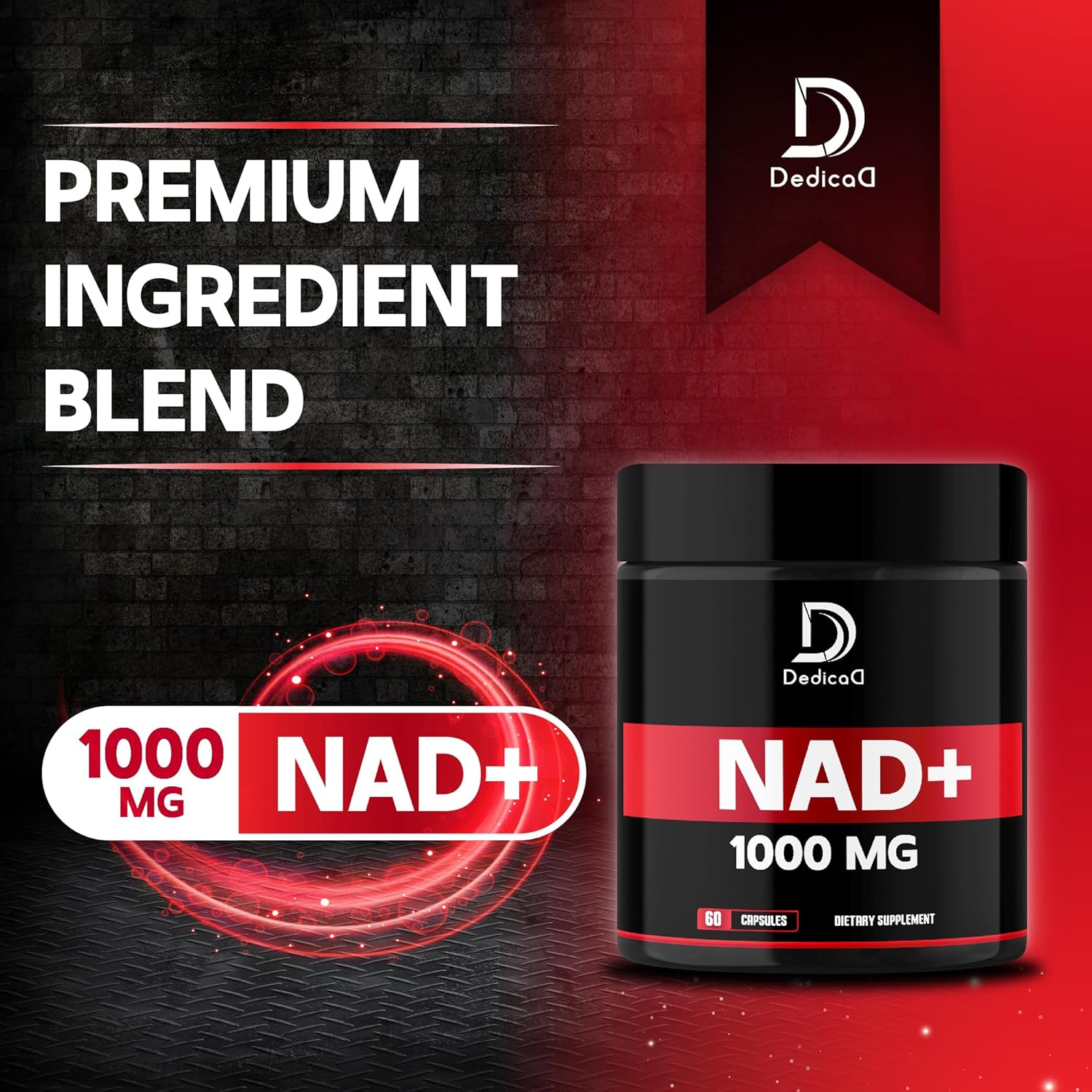 1000mg DEDICAD NAD+ Supplement - Boost Energy, DNA Repair, Anti-Aging, Brain Function - 60 Capsules
