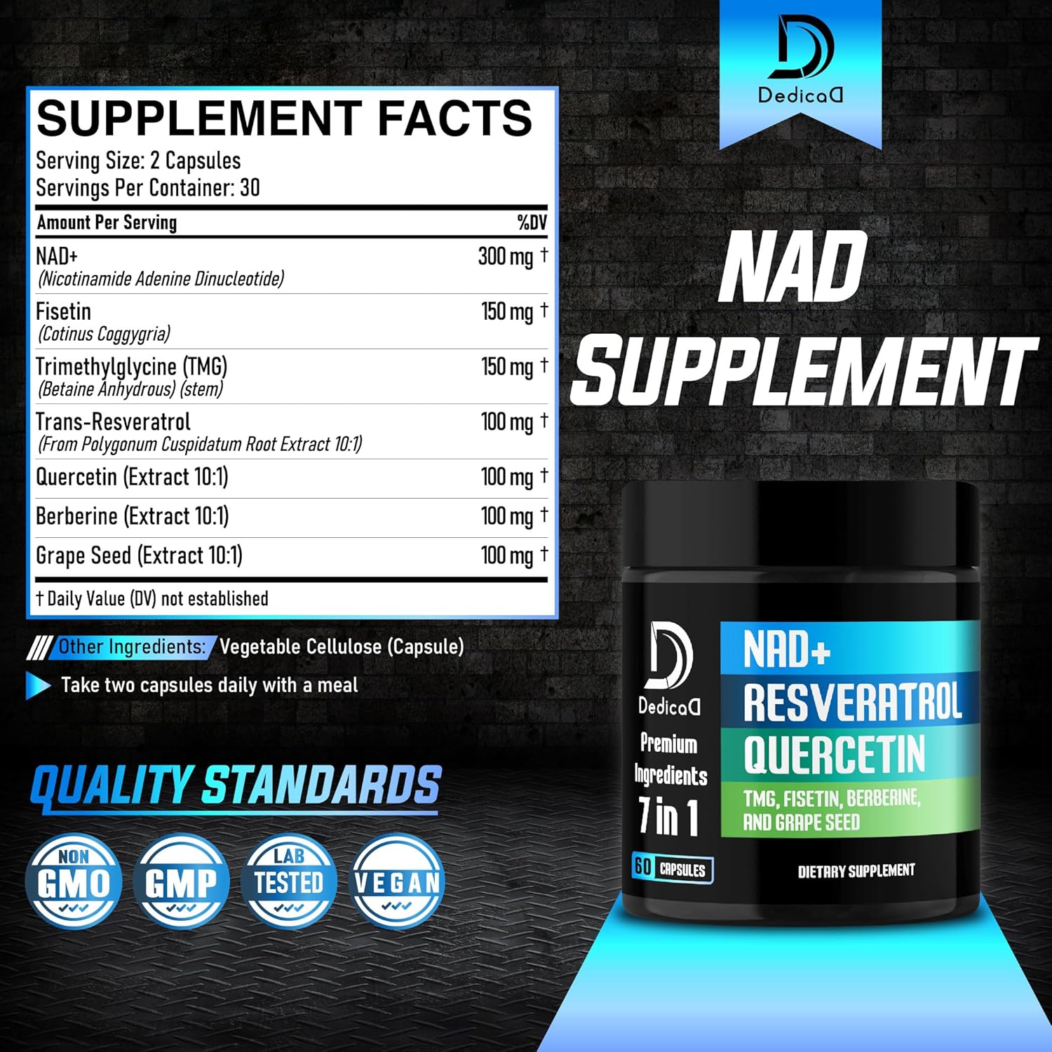 1000mg DEDICAD NAD+ Supplement with Resveratrol, Quercetin, Berberine, Fisetin, TMG, and Grape Seed - Energy, DNA Repair, Aging Defense, Brain Function - 60 Capsules