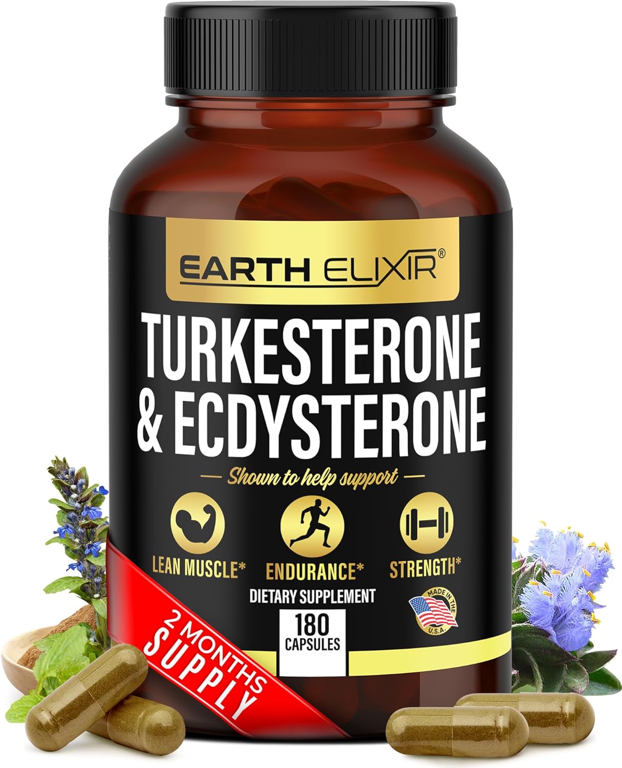 1000mg Earth Elixir Turkesterone and Ecdysterone Capsules (180 Count) - 2 Month Supply - 95% Beta Ecdysterone - Third-Party Tested for Men