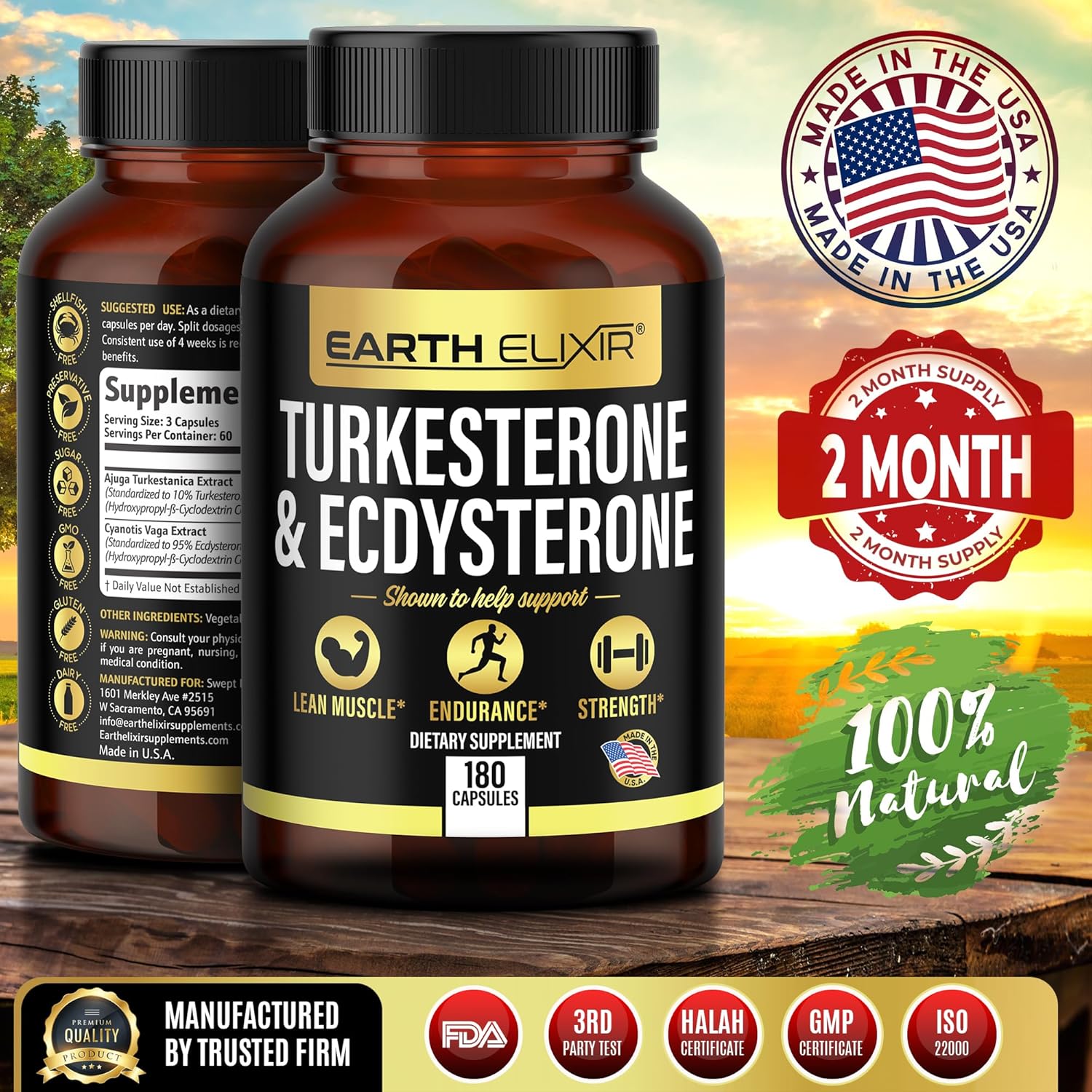1000mg Earth Elixir Turkesterone and Ecdysterone Capsules (180 Count) - 2 Month Supply - 95% Beta Ecdysterone - Third-Party Tested for Men