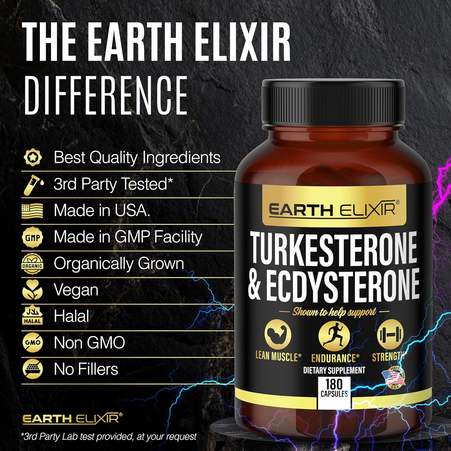 1000mg Earth Elixir Turkesterone and Ecdysterone Capsules (180 Count) - 2 Month Supply - 95% Beta Ecdysterone - Third-Party Tested for Men