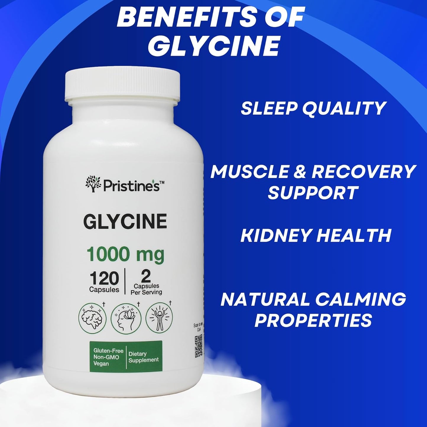 1000MG Glycine Amino Acid Capsules for Sleep Support - 60 Day Supply - Muscle Recovery, Collagen & Kidney Health - Vegan & Non GMO
