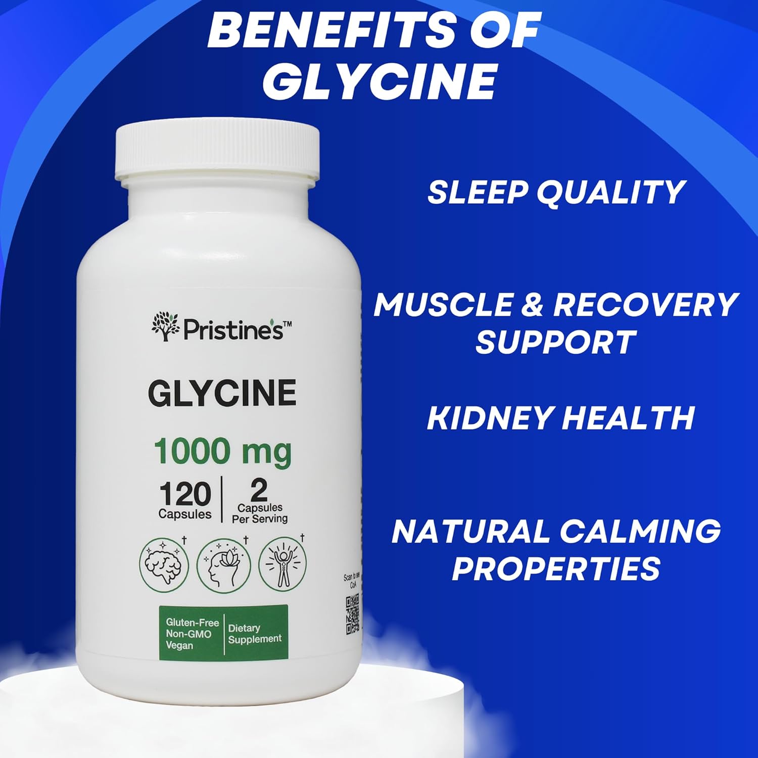 1000MG Glycine Amino Acid Capsules for Sleep Support - 60 Day Supply - Muscle Recovery, Collagen & Kidney Health - Vegan & Non GMO