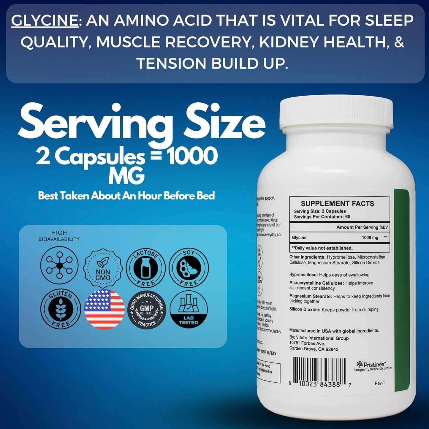 1000MG Glycine Amino Acid Capsules for Sleep Support - 60 Day Supply - Muscle Recovery, Collagen & Kidney Health - Vegan & Non GMO