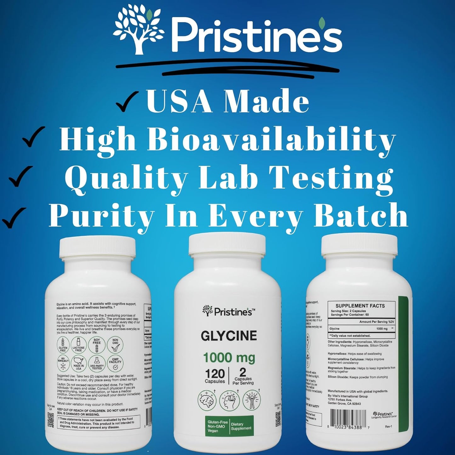 1000MG Glycine Amino Acid Capsules for Sleep Support - 60 Day Supply - Muscle Recovery, Collagen & Kidney Health - Vegan & Non GMO