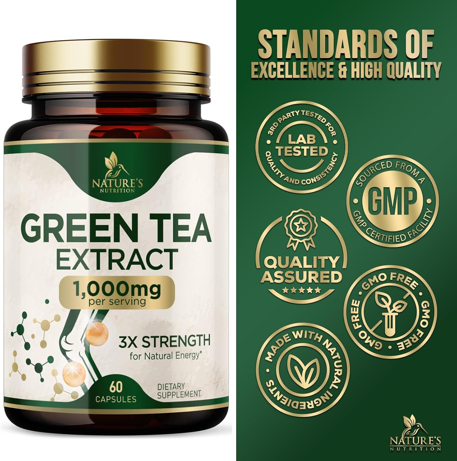 1000mg Green Tea Extract Pills - High Strength with 98% EGCG & Polyphenols for Energy & Heart Health - 60 Capsules