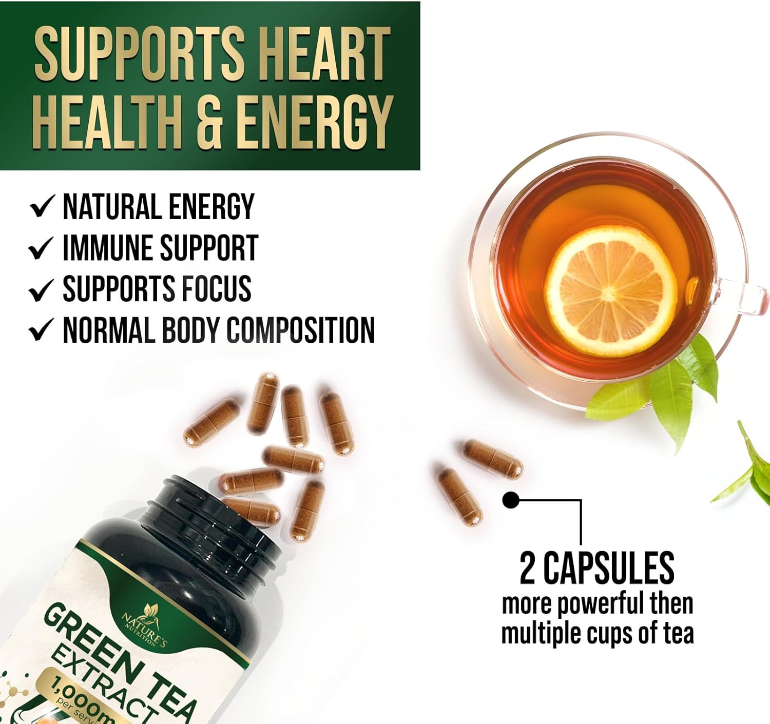1000mg Green Tea Extract Pills - High Strength with 98% EGCG & Polyphenols for Energy & Heart Health - 60 Capsules