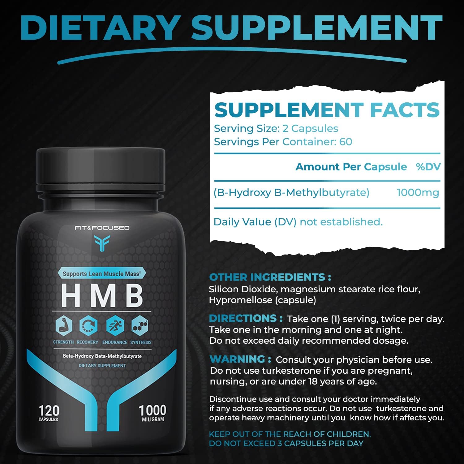 1000mg HMB βeta-Hydroxy βeta-Methylbutyrate Supplement for Muscle Recovery - 120 Capsules for Men & Women, Weightlifters & Fitness Enthusiasts