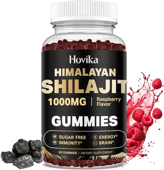 1000mg Hovika Shilajit Gummies for Energy & Immune Support - Pure Himalayan Shilajit with Ashwagandha, Turmeric, Black Pepper - 85+ Trace Minerals - Sugar Free Raspberry Flavor - 60 Count