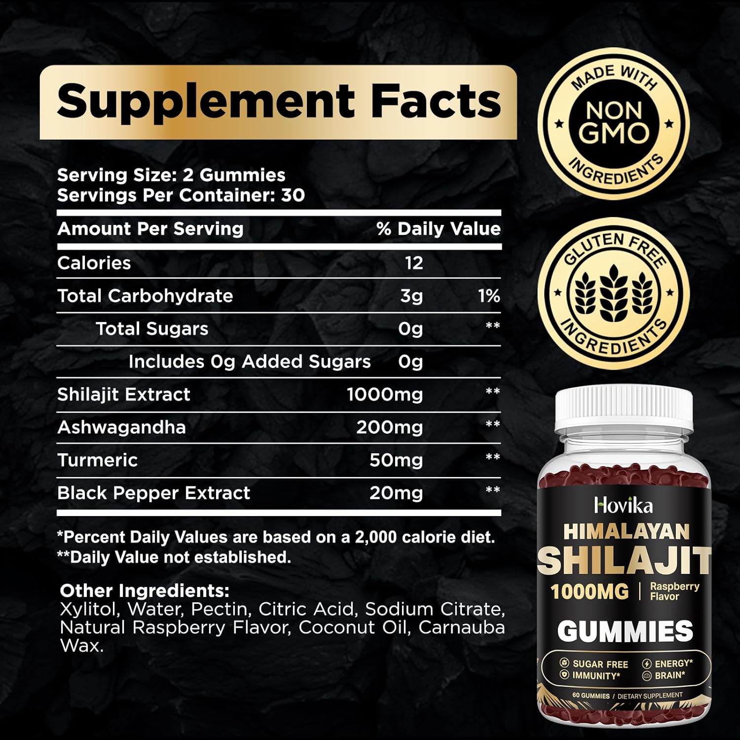 1000mg Hovika Shilajit Gummies for Energy & Immune Support - Pure Himalayan Shilajit with Ashwagandha, Turmeric, Black Pepper - 85+ Trace Minerals - Sugar Free Raspberry Flavor - 60 Count