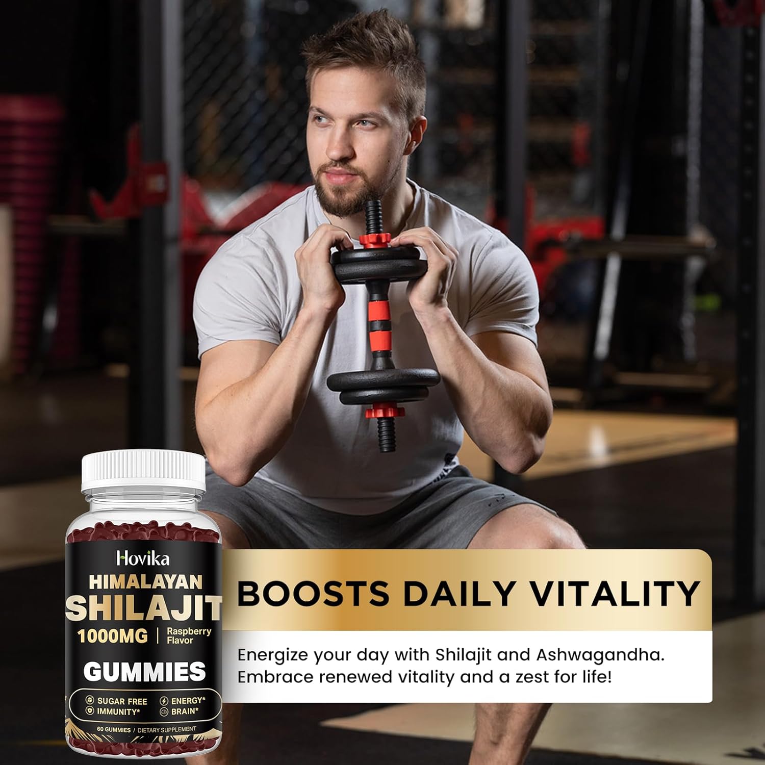 1000mg Hovika Shilajit Gummies for Energy & Immune Support - Pure Himalayan Shilajit with Ashwagandha, Turmeric, Black Pepper - 85+ Trace Minerals - Sugar Free Raspberry Flavor - 60 Count