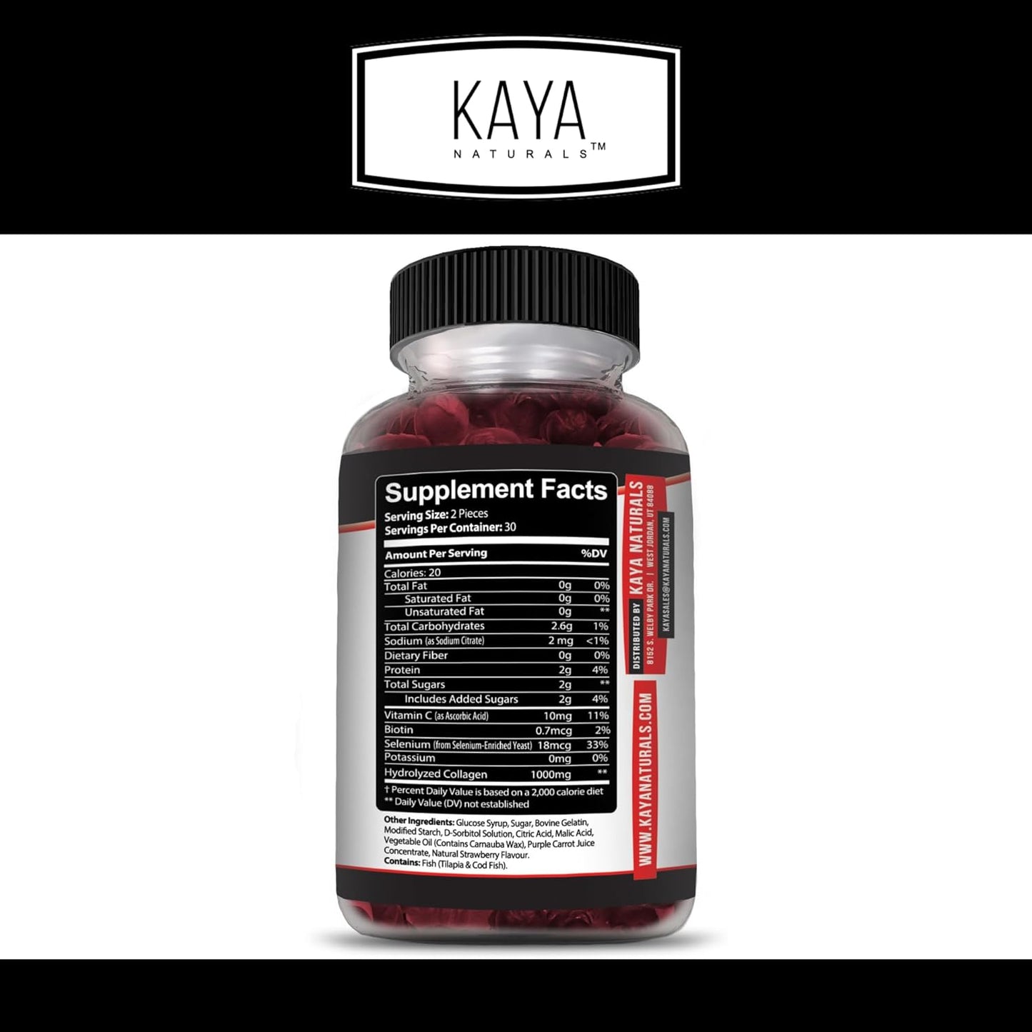 1000mg Hydrolyzed Collagen Gummies with Vitamin C, Selenium, & Biotin - 60 Count Strawberry Gummies for Men & Women by Kaya Naturals