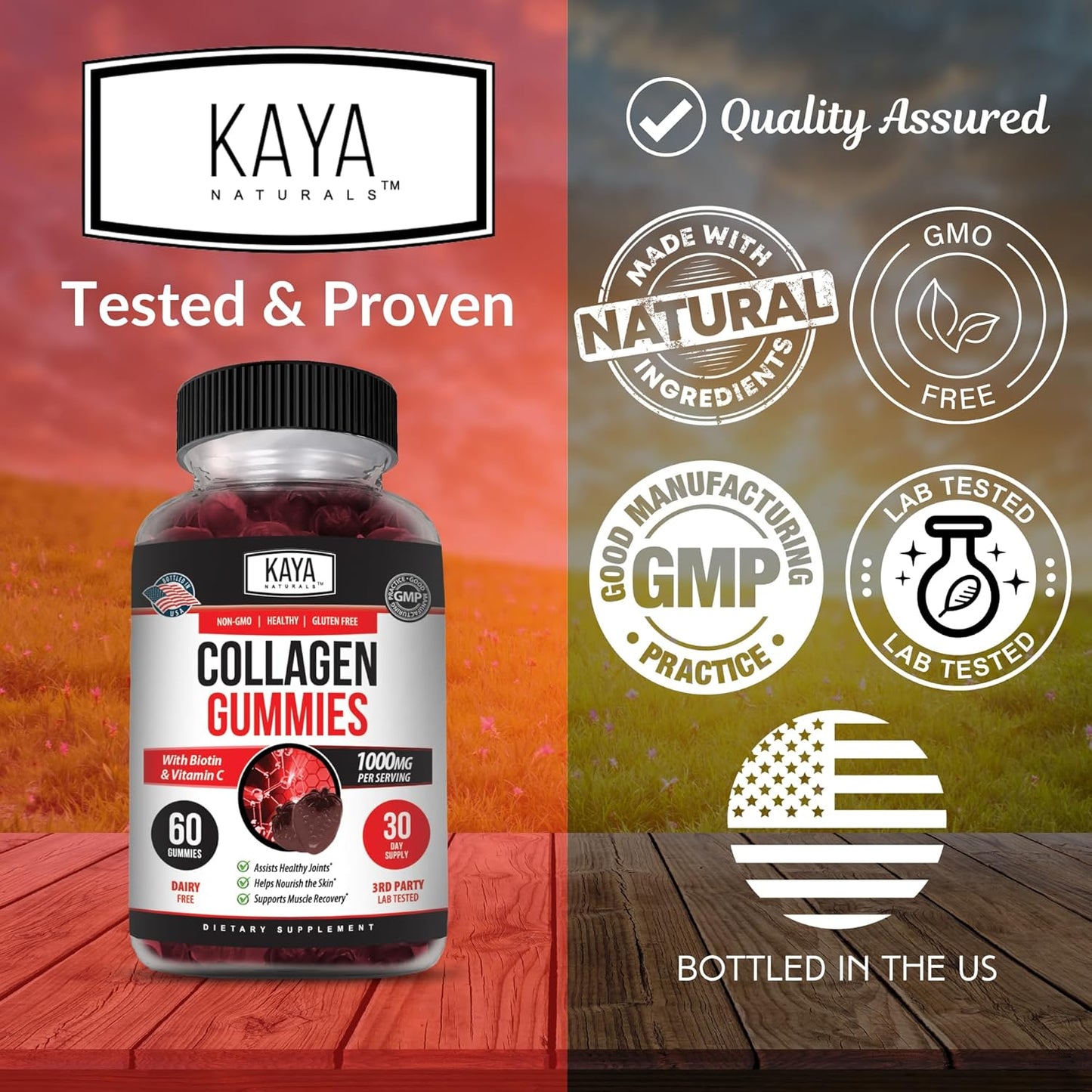1000mg Hydrolyzed Collagen Gummies with Vitamin C, Selenium, & Biotin - 60 Count Strawberry Gummies for Men & Women by Kaya Naturals